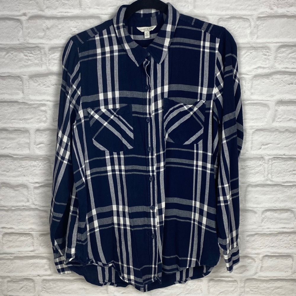 Lucky Brand Womens L Navy White Gray Plaid Flannel Button Up Shirt Cotton Blend